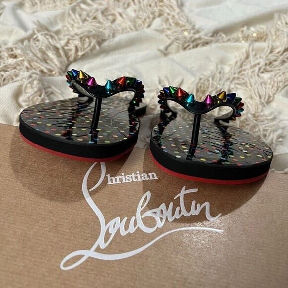 CHRISTIAN LOUBOUTIN Loubi Flip Flop Spikes Donna Flat Black Mix Studded - Picture 9 of 10